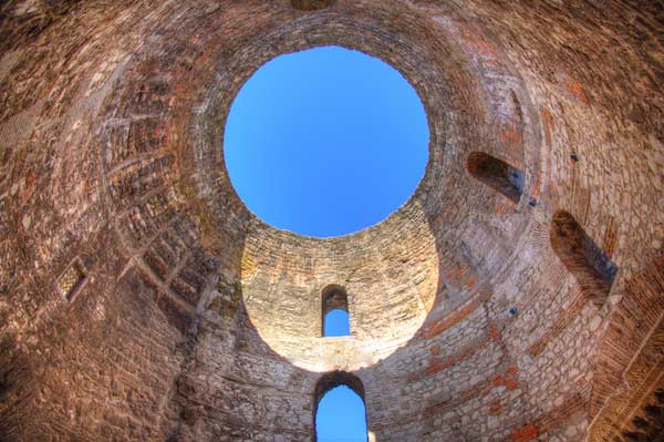 View up through the opening of the vestibule of Diocletian's Palace in Split, Croatia